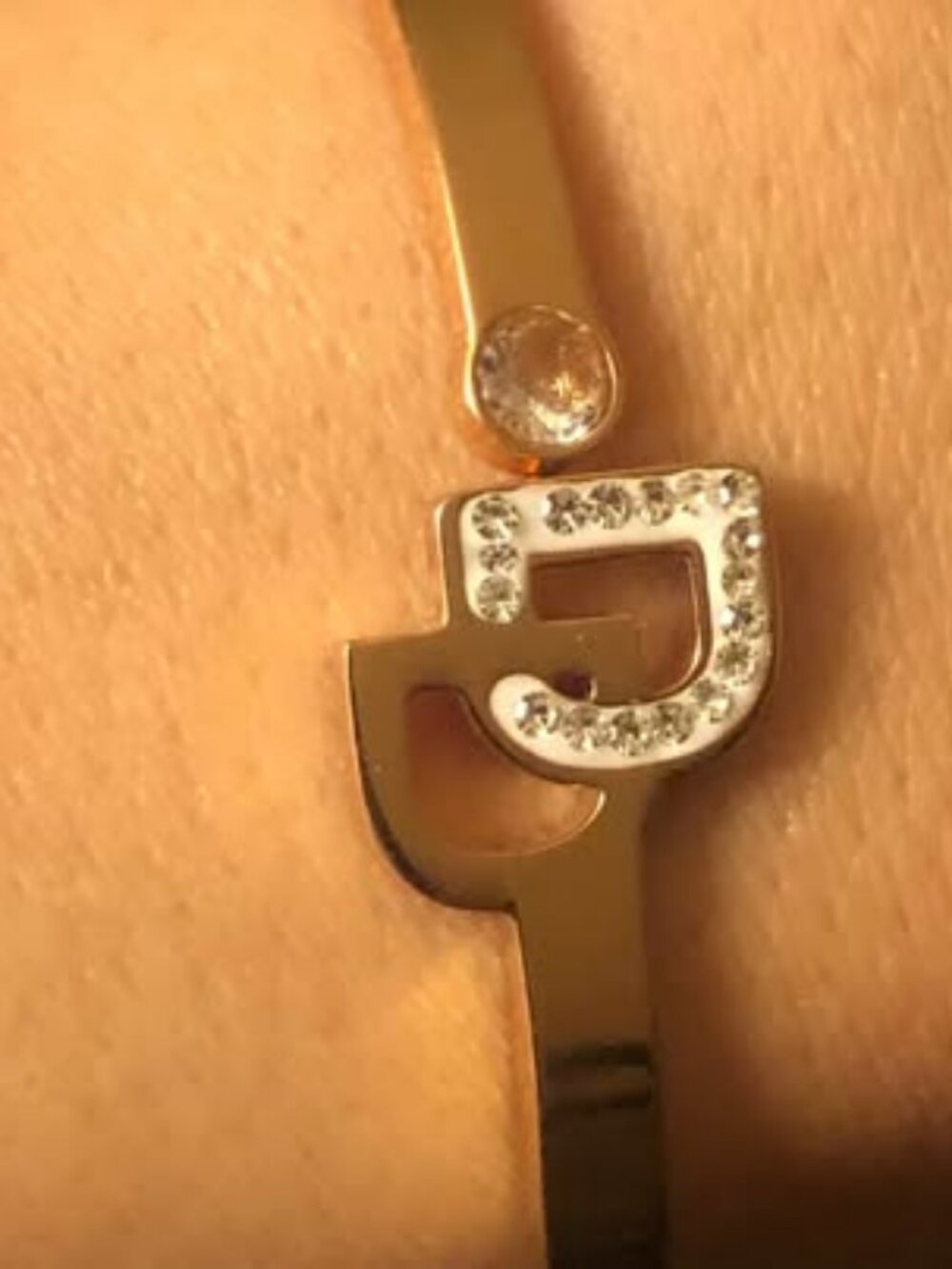 Gold Tone 316L Stainless Steel Crystal Initial Bangle Bracelet